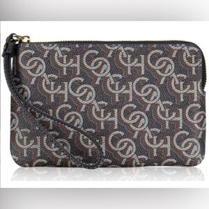 Coach NWT Zip Wristlet in Black and Brown Coated Canvas Monogram Print NEW